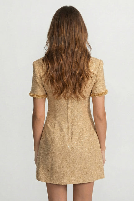 Mariott - Elegant Short Sleeve Tweed Mini Dress Accented with Metallic Fringe