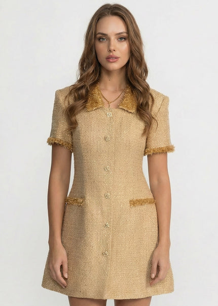 Mariott - Elegant Short Sleeve Tweed Mini Dress Accented with Metallic Fringe