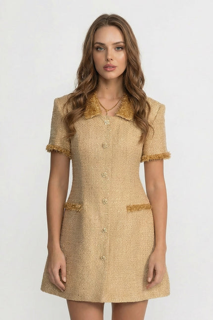 Mariott - Elegant Short Sleeve Tweed Mini Dress Accented with Metallic Fringe