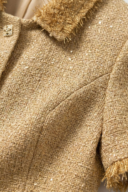 Mariott - Elegant Short Sleeve Tweed Mini Dress Accented with Metallic Fringe