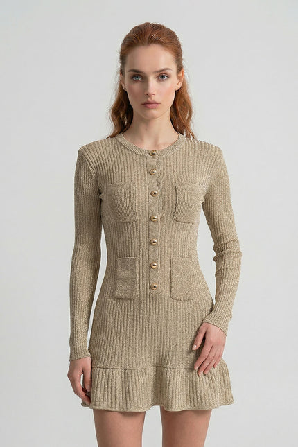 Marise - Ribbed Knit Mini Dress with Gold Button Front