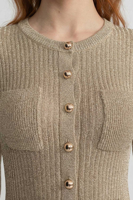 Marise - Ribbed Knit Mini Dress with Gold Button Front
