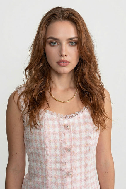 Maya - Sleeveless Tweed Mini Dress with Frayed Trim