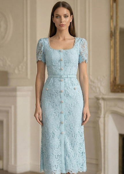 Mila - Azure Lace Midi Dress with Elegant Detailing