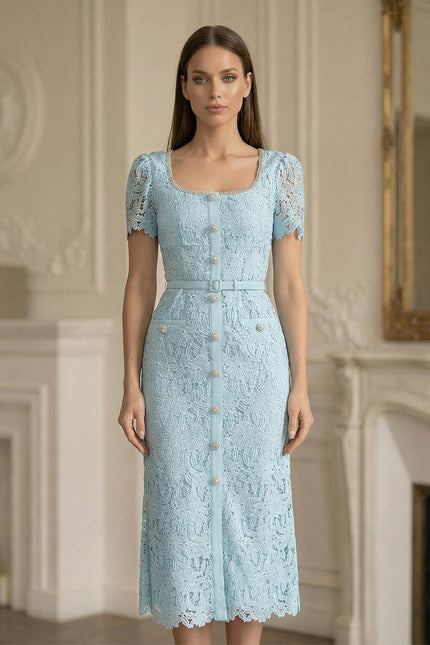 Mila - Azure Lace Midi Dress with Elegant Detailing