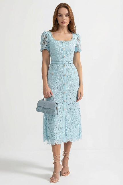 Mila - Azure Lace Midi Dress with Elegant Detailing