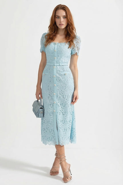 Mila - Azure Lace Midi Dress with Elegant Detailing