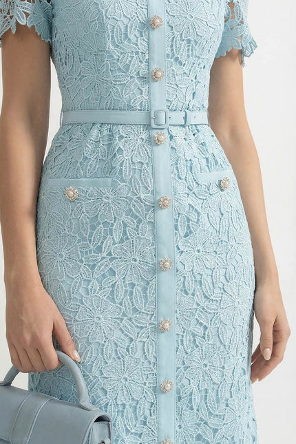 Mila - Azure Lace Midi Dress with Elegant Detailing