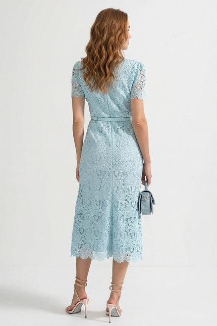 Mila - Azure Lace Midi Dress with Elegant Detailing