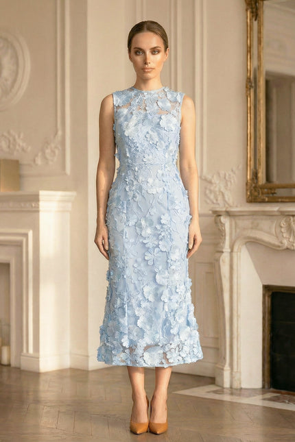 Mirabelle - Sheer Dress with Fitted Waist and Floral Appliqués