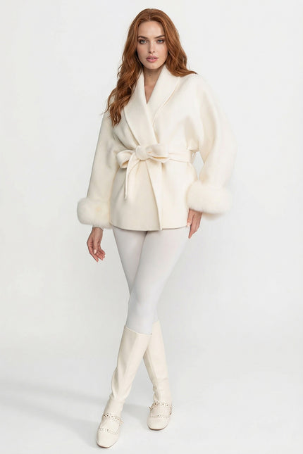 Natalie - Luxury Wool-Blend Wrap Jacket with Fox Fur Cuffs