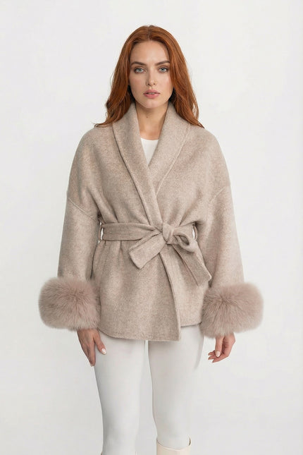 Natalie - Luxury Wool-Blend Wrap Jacket with Fox Fur Cuffs