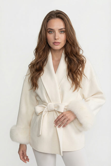 Natalie - Luxury Wool-Blend Wrap Jacket with Fox Fur Cuffs