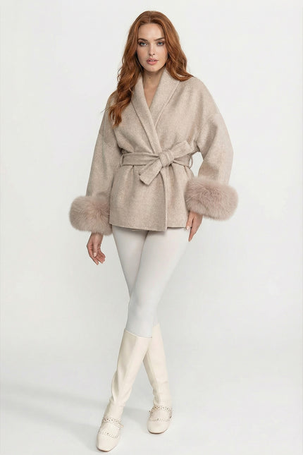 Natalie - Luxury Wool-Blend Wrap Jacket with Fox Fur Cuffs