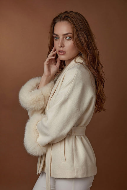 Natalie - Luxury Wool-Blend Wrap Jacket with Fox Fur Cuffs