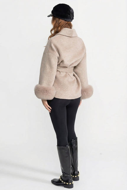 Natalie - Luxury Wool-Blend Wrap Jacket with Fox Fur Cuffs