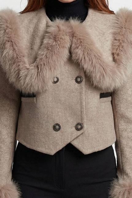Nayla - Double Breasted Cropped Jacket With Fur Collar Embellishment
