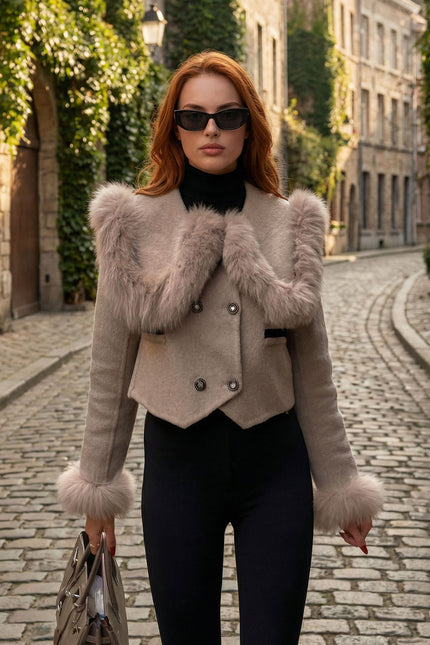 Nayla - Double Breasted Cropped Jacket With Fur Collar Embellishment