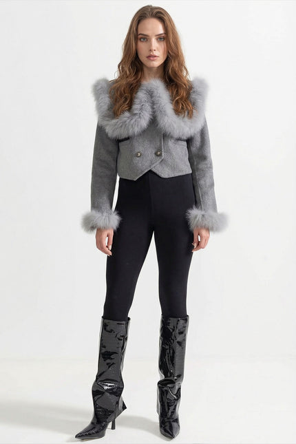Nayla - Double Breasted Cropped Jacket With Fur Collar Embellishment