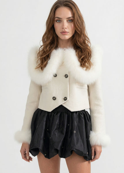 Nayla - Double Breasted Cropped Jacket With Fur Collar Embellishment