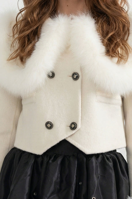 Nayla - Double Breasted Cropped Jacket With Fur Collar Embellishment