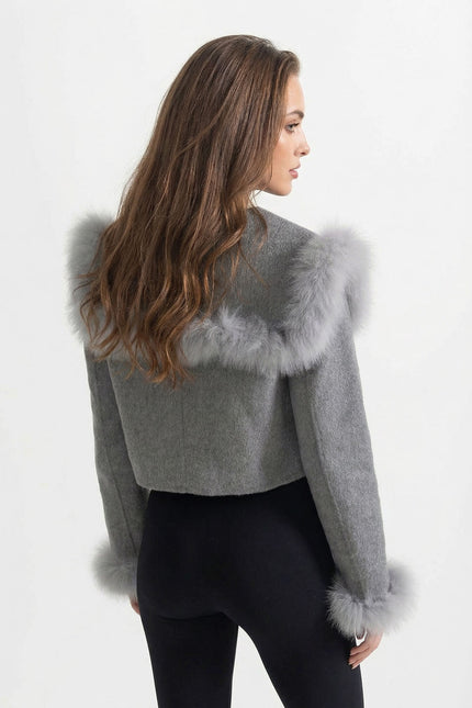 Nayla - Double Breasted Cropped Jacket With Fur Collar Embellishment