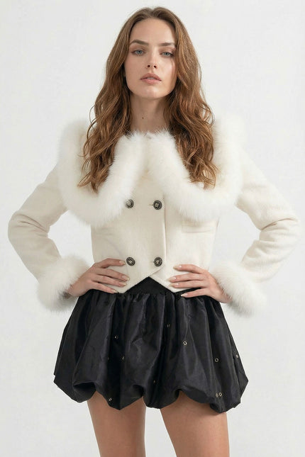 Nayla - Double Breasted Cropped Jacket With Fur Collar Embellishment