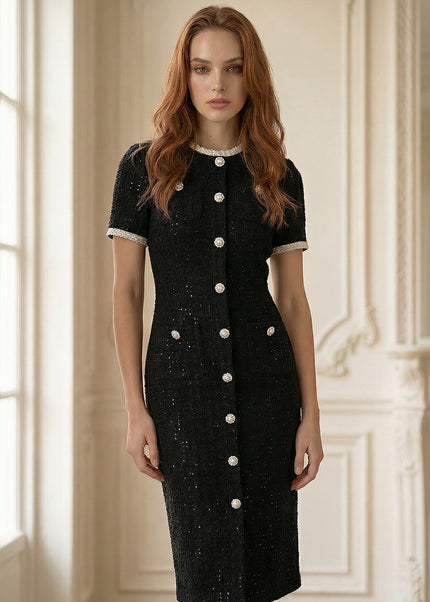 Nelya - Crystal Button Lace Trim Sequin Midi Dress