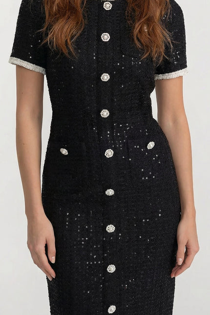 Nelya - Crystal Button Lace Trim Sequin Midi Dress