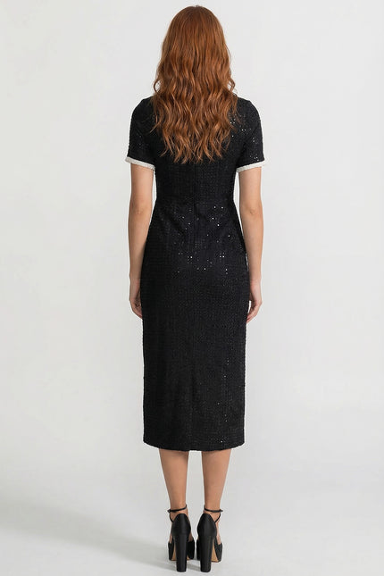 Nelya - Crystal Button Lace Trim Sequin Midi Dress