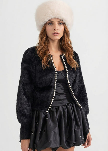 Noémie - Fluffy Cardigan with Pearl Embellishments