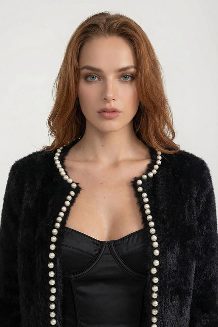 Noémie - Fluffy Cardigan with Pearl Embellishments