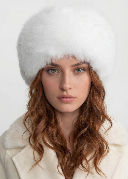 Odette - Real Fox Fur Trimmed Hat With Pom-pom Ties