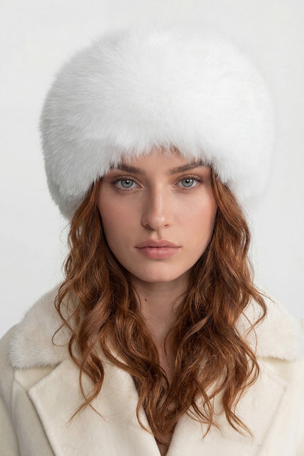 Odette - Real Fox Fur Trimmed Hat With Pom-pom Ties