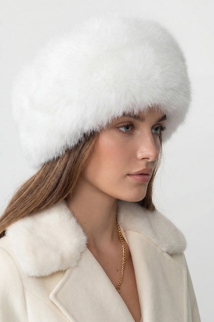 Odette - Real Fox Fur Trimmed Hat With Pom-pom Ties