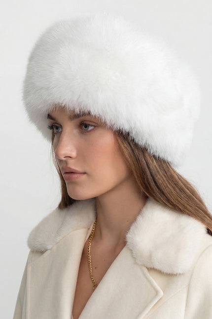 Odette - Real Fox Fur Trimmed Hat With Pom-pom Ties