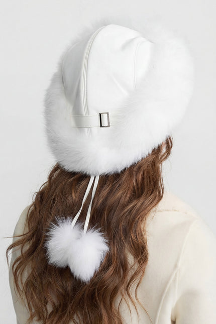 Odette - Real Fox Fur Trimmed Hat With Pom-pom Ties