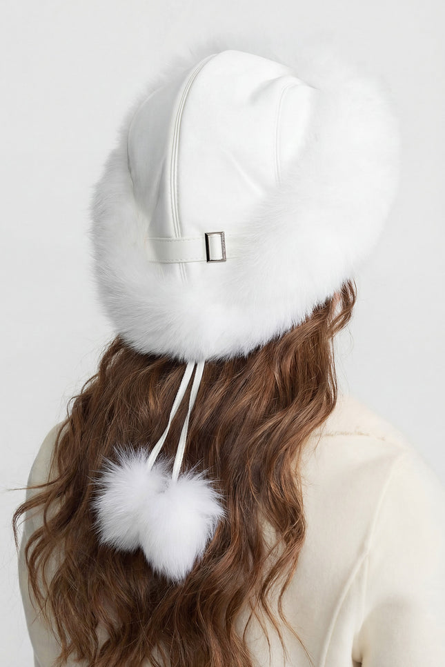 Odette - Real Fox Fur Trimmed Hat With Pom-pom Ties