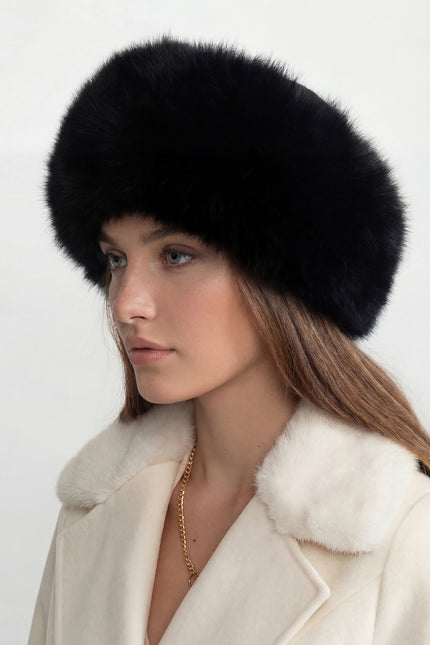 Odette - Real Fox Fur Trimmed Hat With Pom-pom Ties