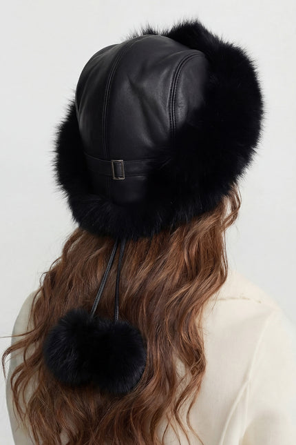 Odette - Real Fox Fur Trimmed Hat With Pom-pom Ties
