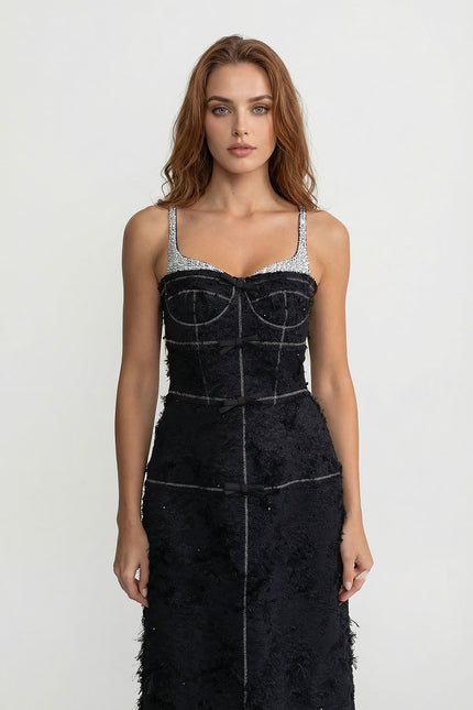 Opaline - Elegant Tweed Midi Dress with Bow Detail and Contrast Straps