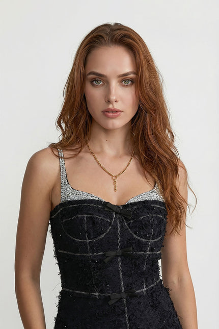 Opaline - Elegant Tweed Midi Dress with Bow Detail and Contrast Straps