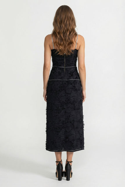 Opaline - Elegant Tweed Midi Dress with Bow Detail and Contrast Straps