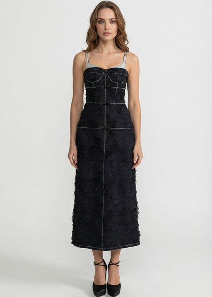 Opaline - Elegant Tweed Midi Dress with Bow Detail and Contrast Straps
