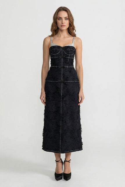 Opaline - Elegant Tweed Midi Dress with Bow Detail and Contrast Straps
