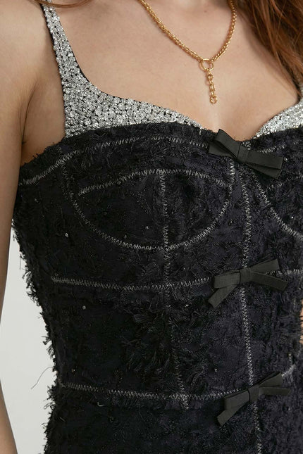 Opaline - Elegant Tweed Midi Dress with Bow Detail and Contrast Straps