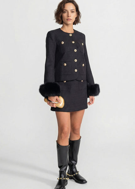 Orelia - Tweed Blazer With Faux Fur Cuffs and Gold Buttons
