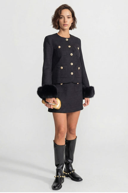 Orelia - Tweed Blazer With Faux Fur Cuffs and Gold Buttons