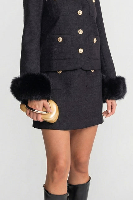 Orelia - Tweed Blazer With Faux Fur Cuffs and Gold Buttons