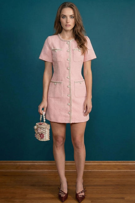 Paula - Tweed Mini Dress with Pearl Buttons